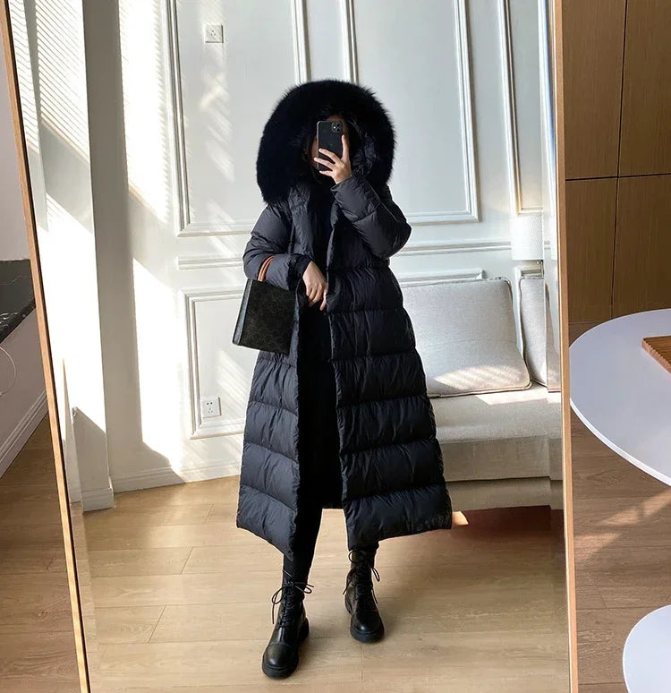 Winter Women's Ultra Light Warm Faux Fur Parka with Hooded Long Duck down Jacket White with Fur Collar Casual Snow Coat