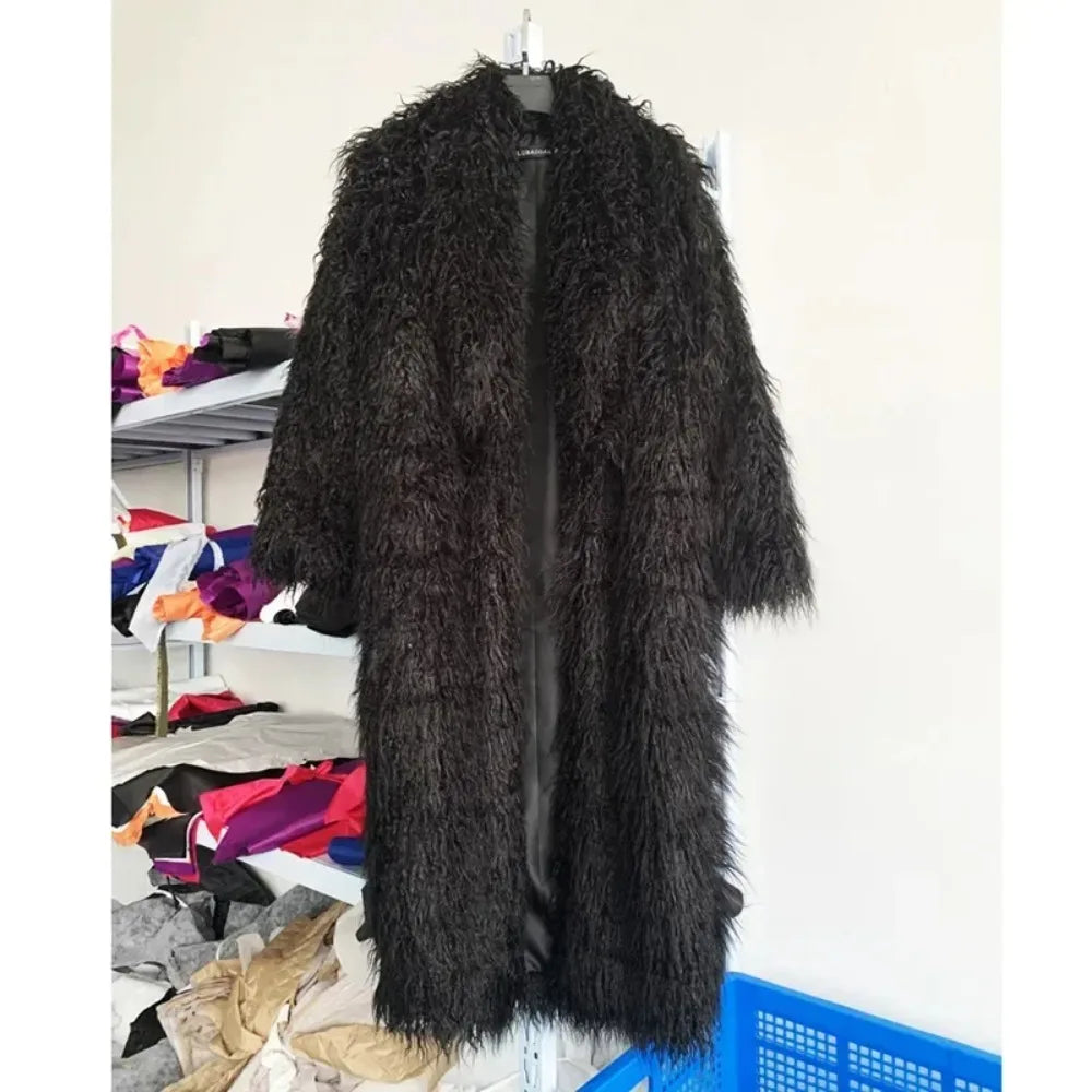 Faux Fur Jacket Women Long Coat Thick Fluffy Winter Warm Shaggy Overcoat Open Stitch Outerwear Turn Down Collar High Street