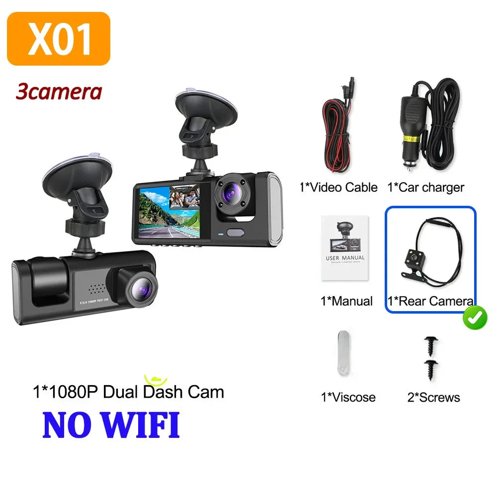 3 Lens Dash Cam 1080P Front, Rear & Interior Car Camera with WiFi & Night Vision