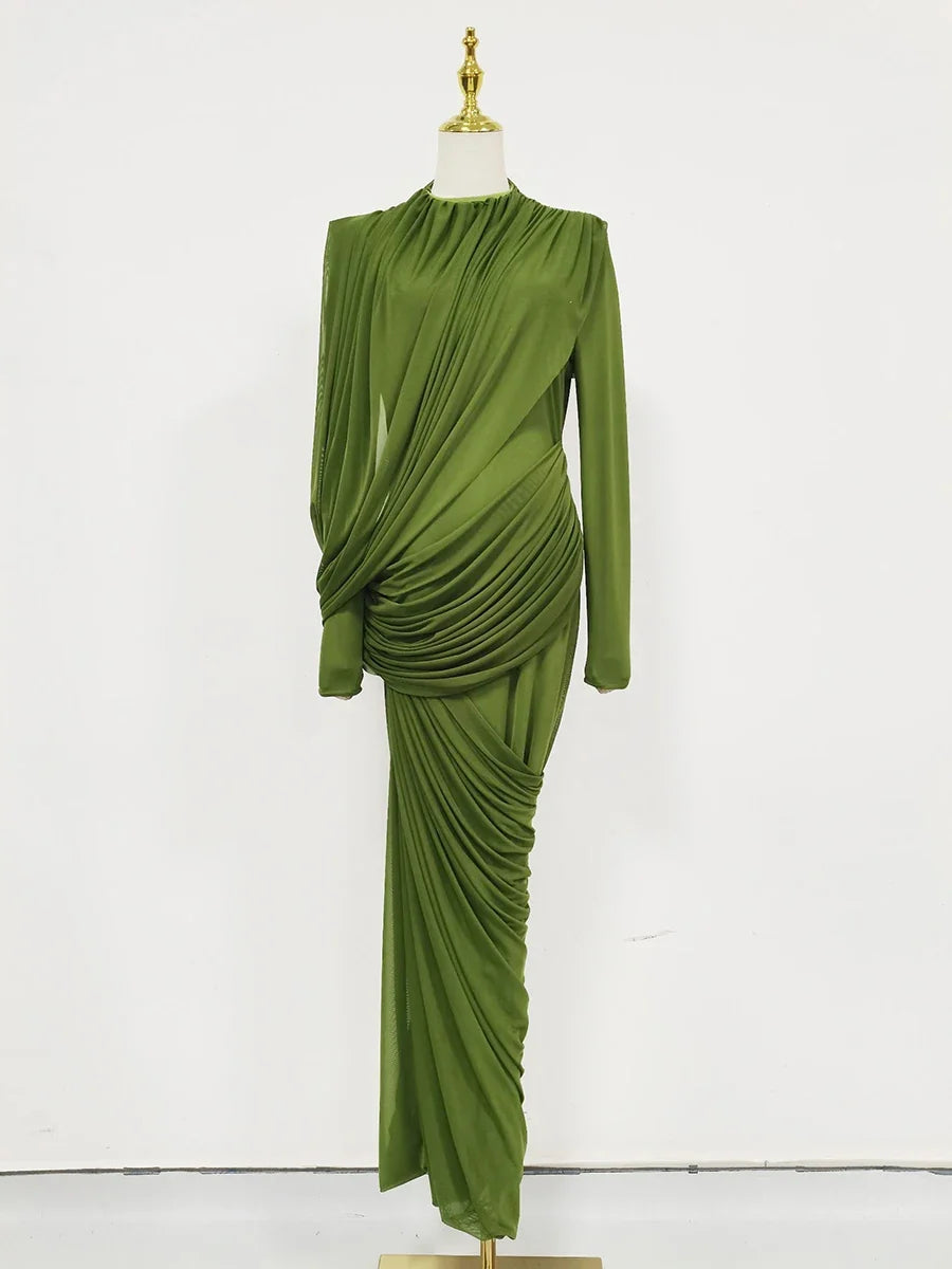 Women's Elegant Vintage Spliced Ribbon Turtleneck Long Sleeve Evening Maxi Dress