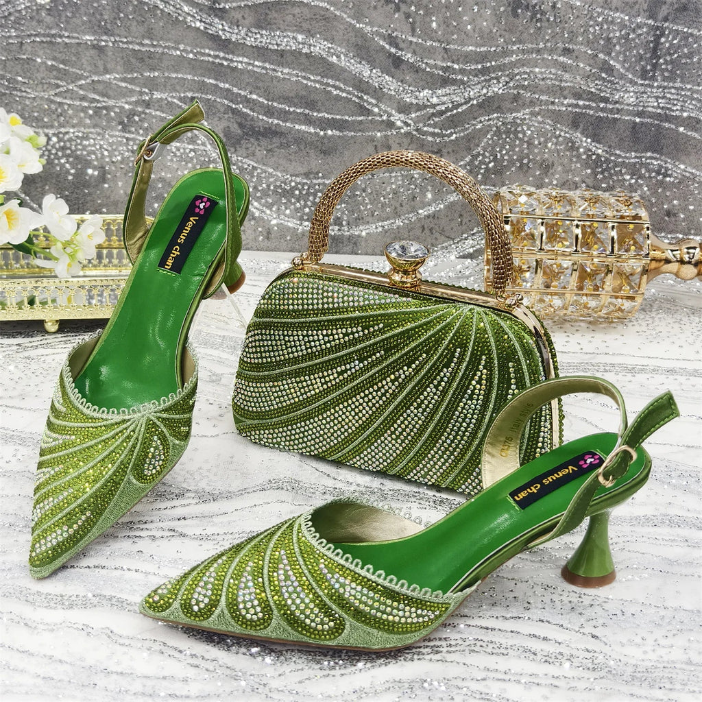 Women's Italian Diamond Studded Shoes and Bag Matching Set