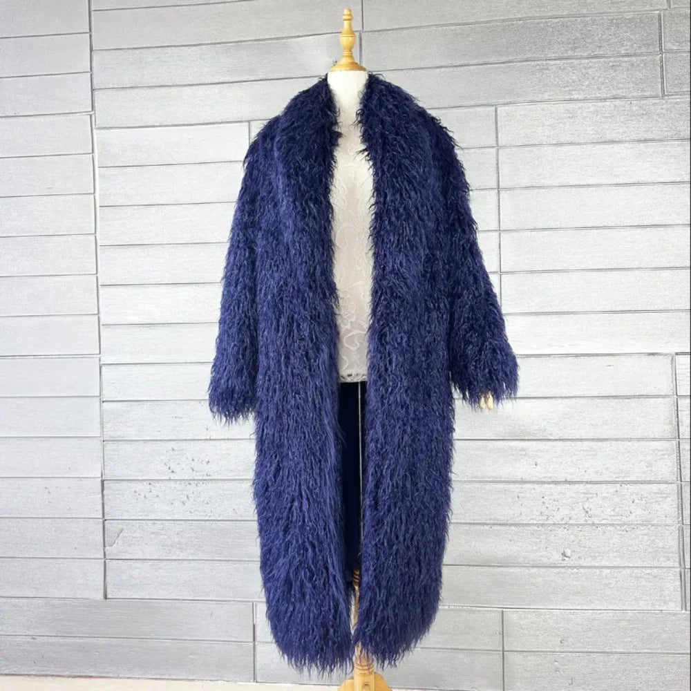 Faux Fur Jacket Women Long Coat Thick Fluffy Winter Warm Shaggy Overcoat Open Stitch Outerwear Turn Down Collar High Street