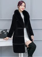 Women's Elegant Imitation Faux Fur Collar Warm Coat Fashion Plush V-Neck Button Detail