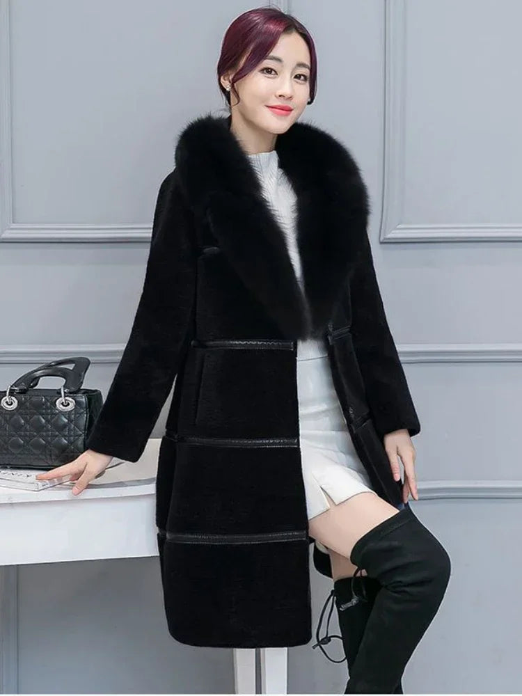 Women's Elegant Imitation Faux Fur Collar Warm Coat Fashion Plush V-Neck Button Detail