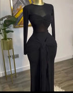 Mesh Maxi Dress with Bow-knot - Elegant Long Sleeve Sheer Dress for Women