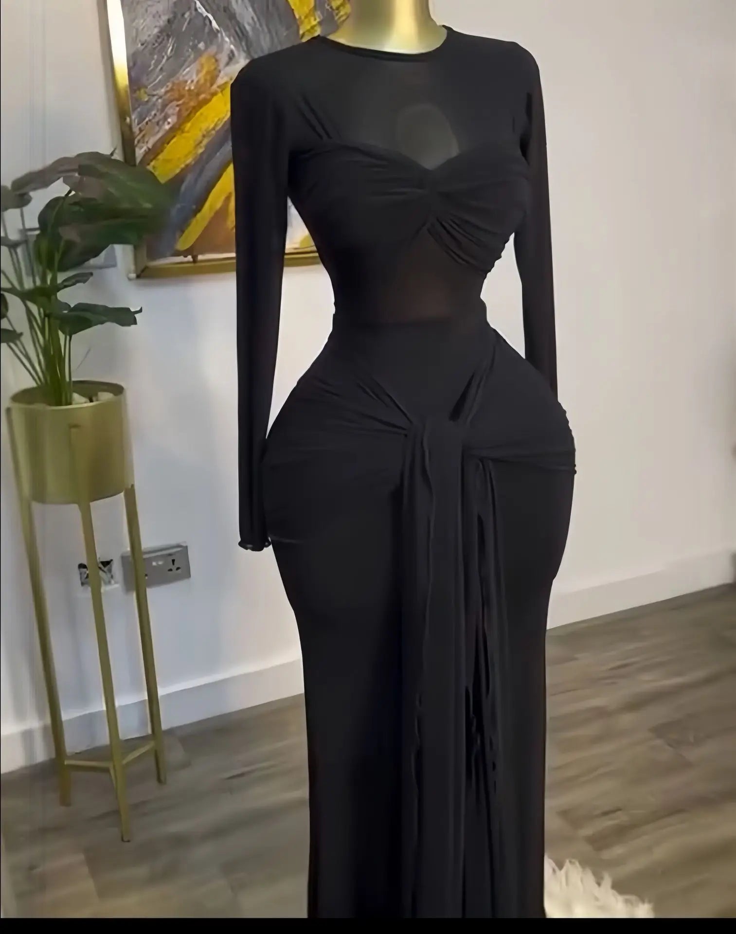 Mesh Maxi Dress with Bow-knot - Elegant Long Sleeve Sheer Dress for Women