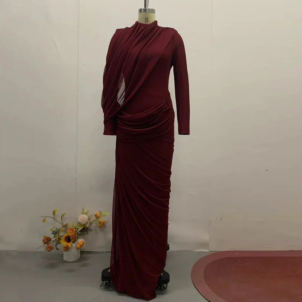 Women's Elegant Vintage Spliced Ribbon Turtleneck Long Sleeve Evening Maxi Dress
