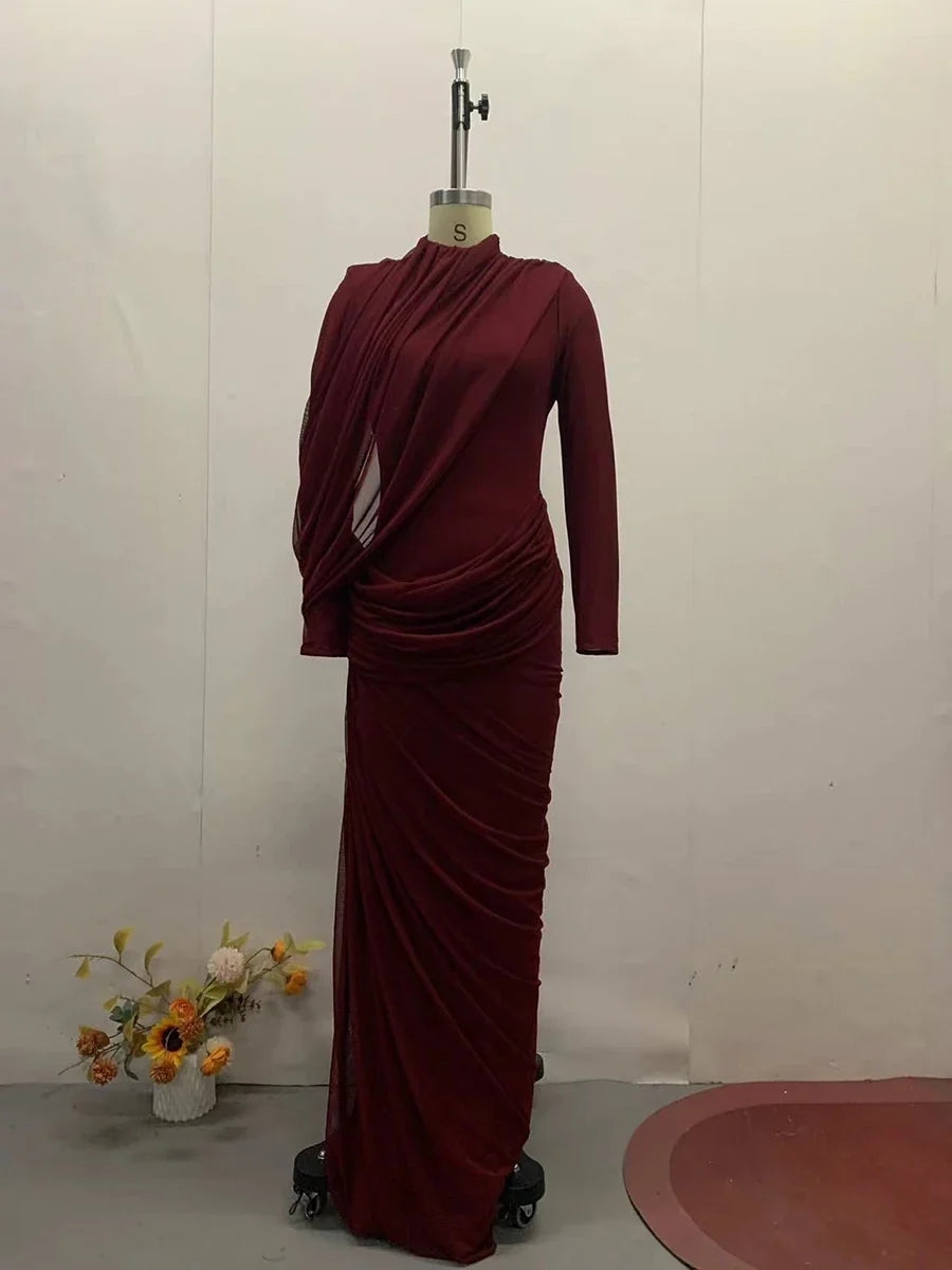 Women's Elegant Vintage Spliced Ribbon Turtleneck Long Sleeve Evening Maxi Dress