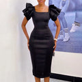 CM.YAYA Women Ruffles Short Sleeve Square Collar Knee Length Dress Street