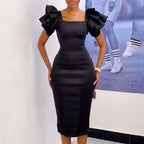 CM.YAYA Women Ruffles Short Sleeve Square Collar Knee Length Dress Street