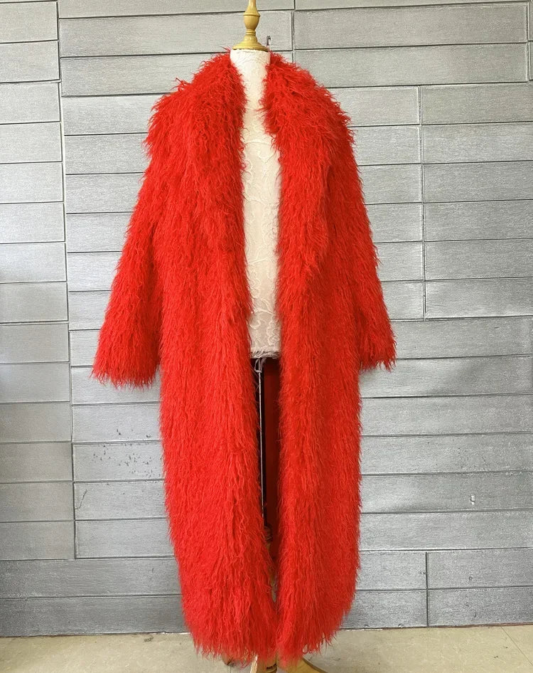 Faux Fur Jacket Women Long Coat Thick Fluffy Winter Warm Shaggy Overcoat Open Stitch Outerwear Turn Down Collar High Street