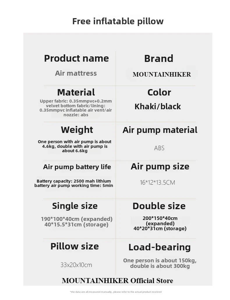 MOUNTAINHIKER 2025 Interior Air Mattress Glamping Mats PVC Inflatable Sleeping Mattress 1/3 Person Camping Bed Mat Built-in Pump