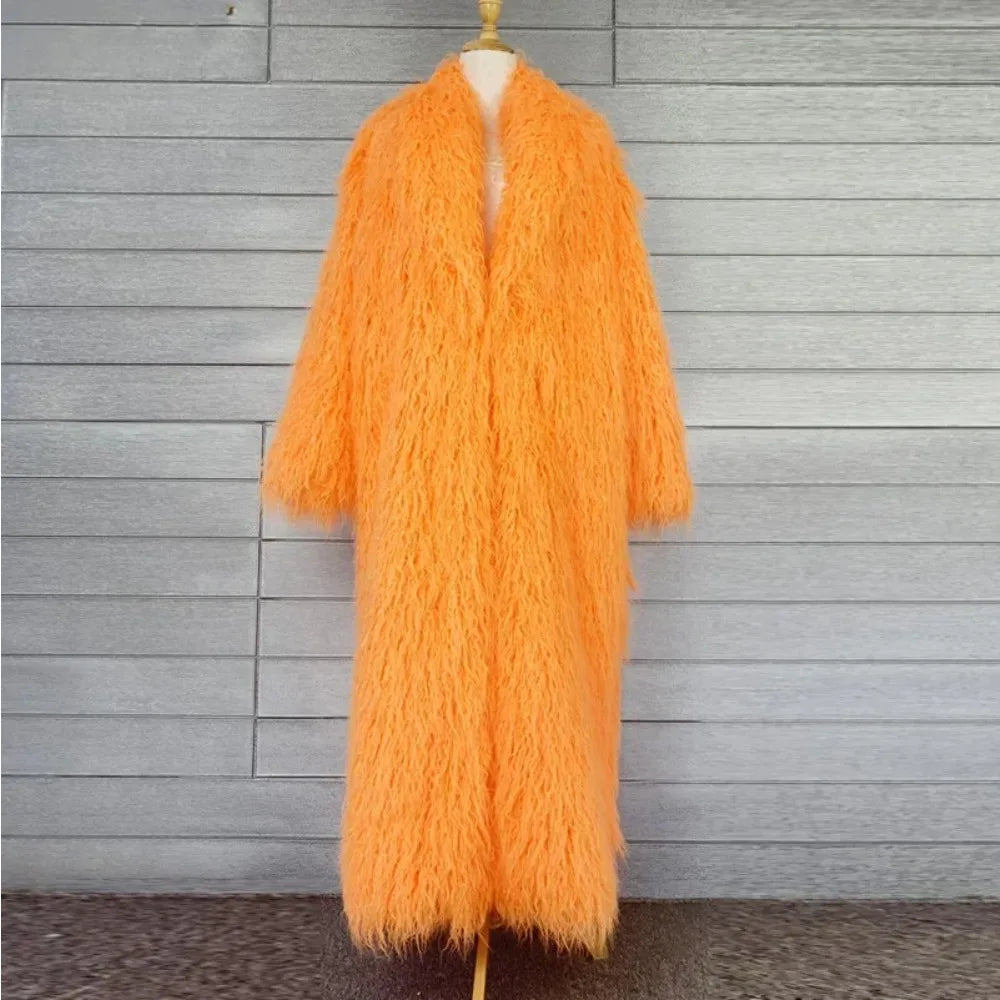 Faux Fur Jacket Women Long Coat Thick Fluffy Winter Warm Shaggy Overcoat Open Stitch Outerwear Turn Down Collar High Street