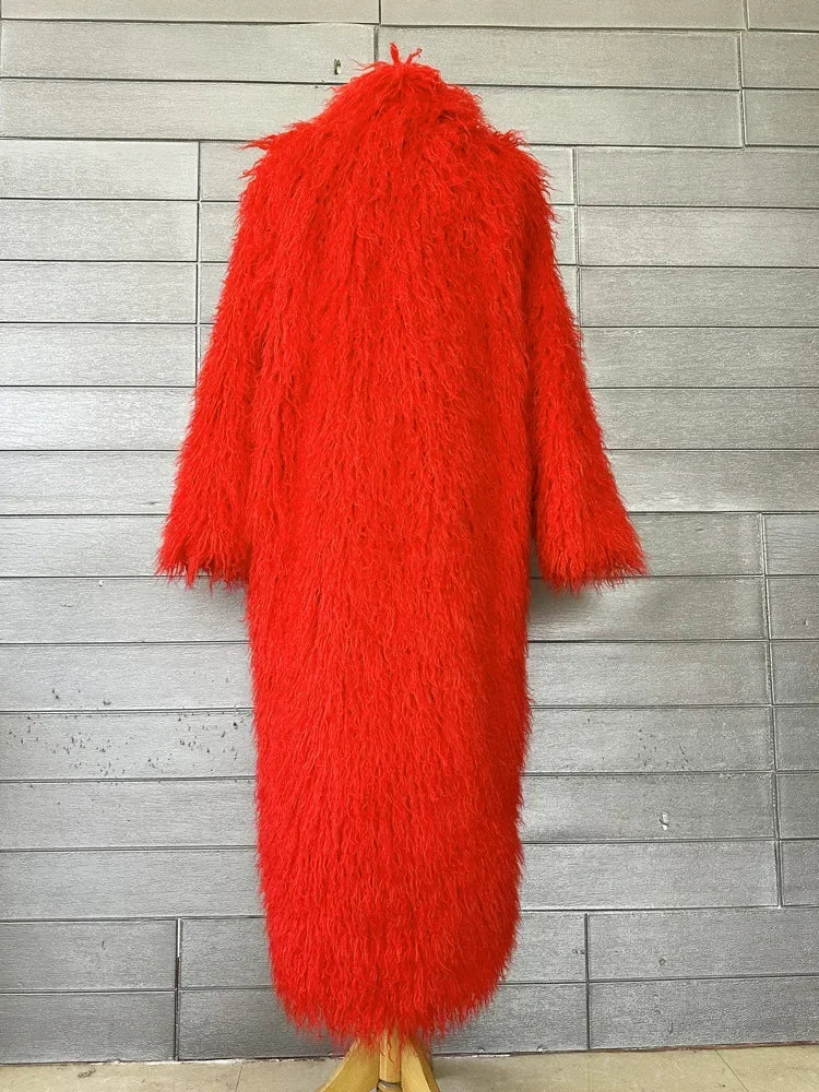 Faux Fur Jacket Women Long Coat Thick Fluffy Winter Warm Shaggy Overcoat Open Stitch Outerwear Turn Down Collar High Street