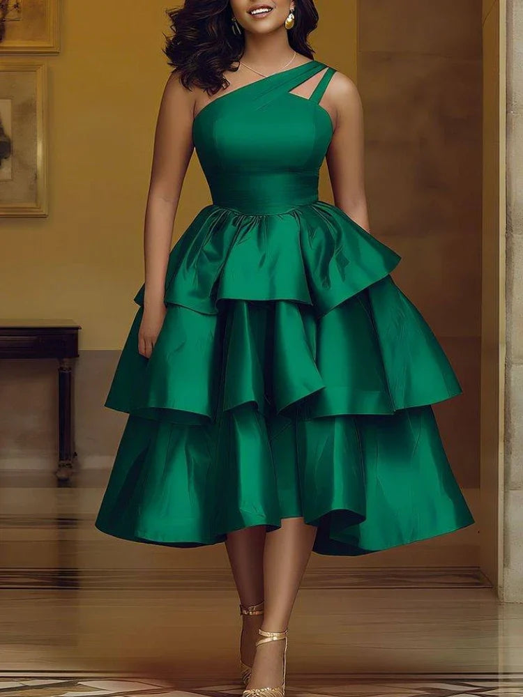 Women's Elegant One-Shoulder Ruffle Layered Party Dress Shiny Mid-Calf Gown for Christmas Birthday Wedding Guest Events