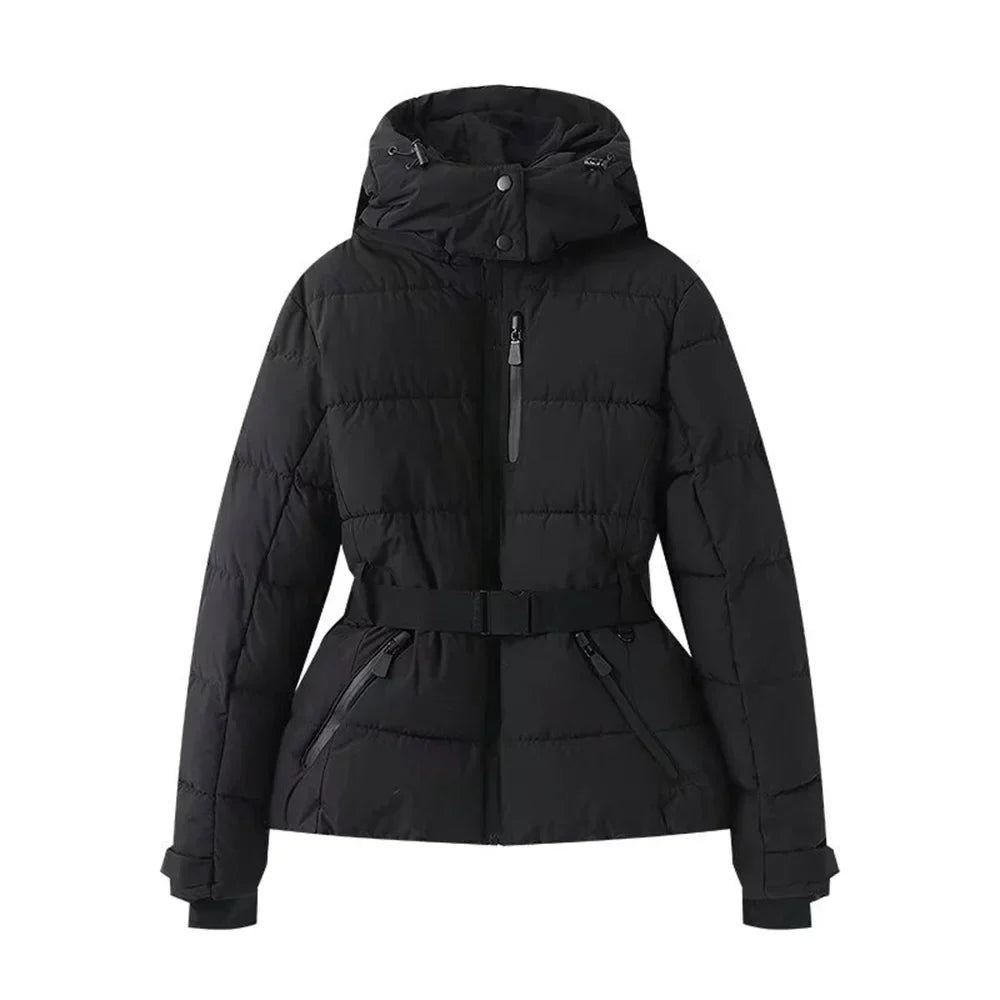 Women's warm skiing series waist down cotton jacket winter new hooded slim fit