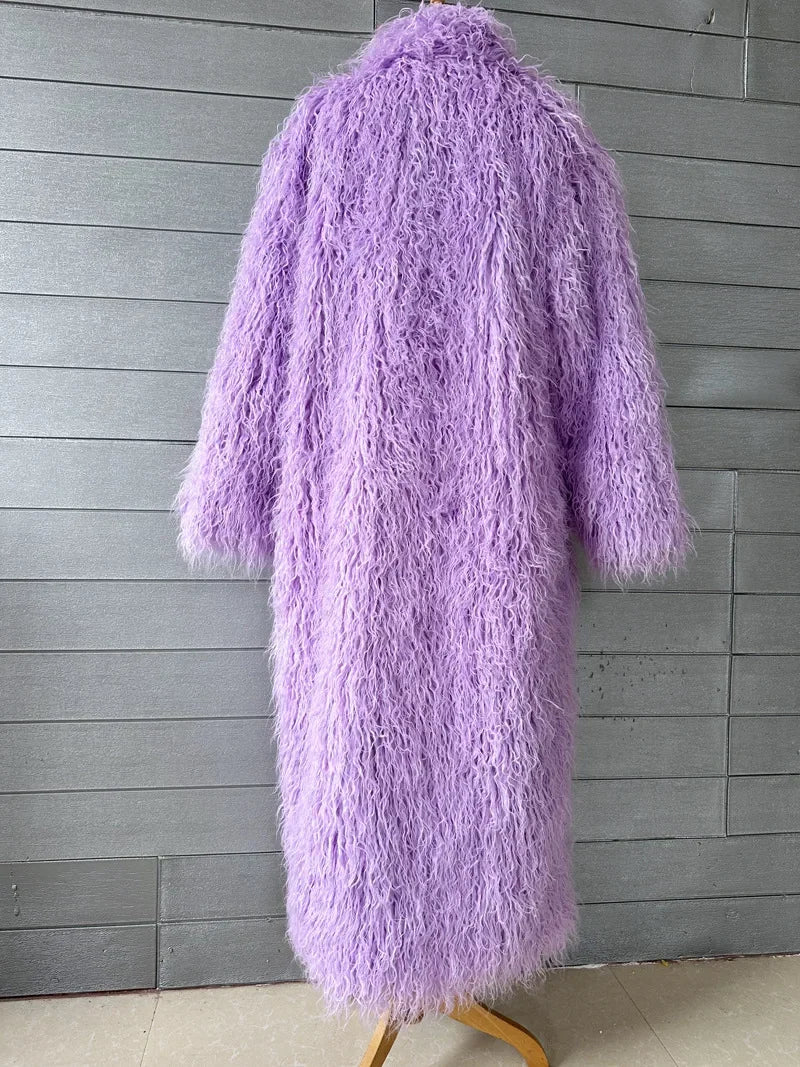 Faux Fur Jacket Women Long Coat Thick Fluffy Winter Warm Shaggy Overcoat Open Stitch Outerwear Turn Down Collar High Street
