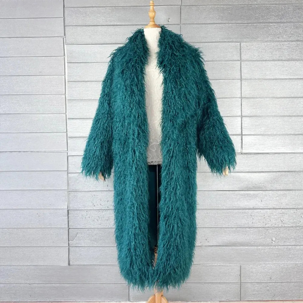 Faux Fur Jacket Women Long Coat Thick Fluffy Winter Warm Shaggy Overcoat Open Stitch Outerwear Turn Down Collar High Street