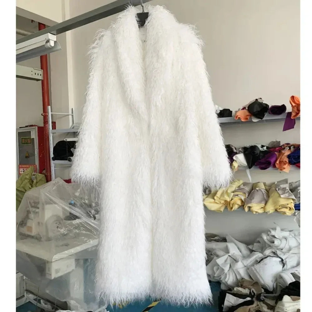 Faux Fur Jacket Women Long Coat Thick Fluffy Winter Warm Shaggy Overcoat Open Stitch Outerwear Turn Down Collar High Street