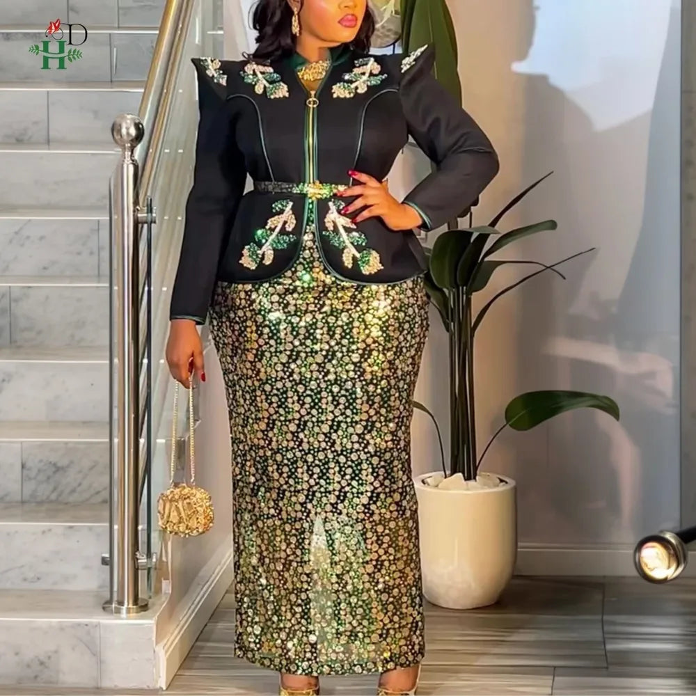 H&D African dresses for woman Turkey dress Sequin Diamond Robe Africaine African clothing Fashion Boubou Africain femme 2026 New
