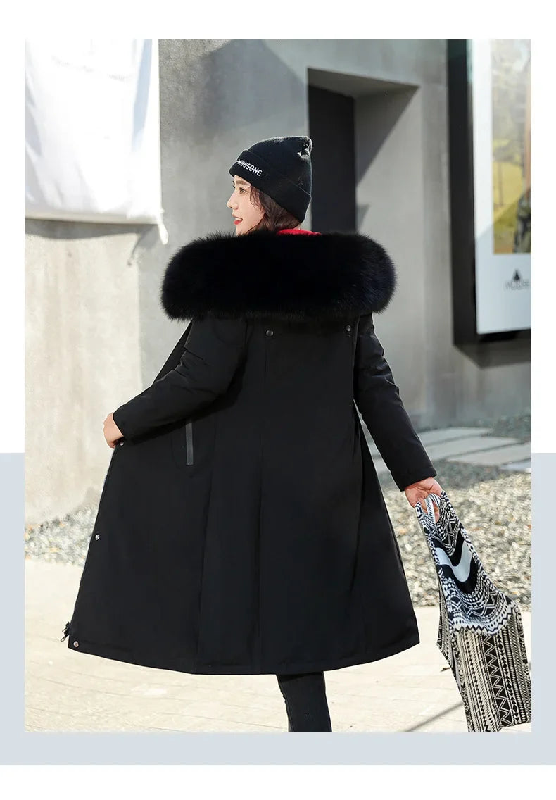 Women's Double-Sided Color Block Parka Winter Jacket with Big Fur Collar Hooded Zipper Pockets Long Sleeve Casual Overcoat