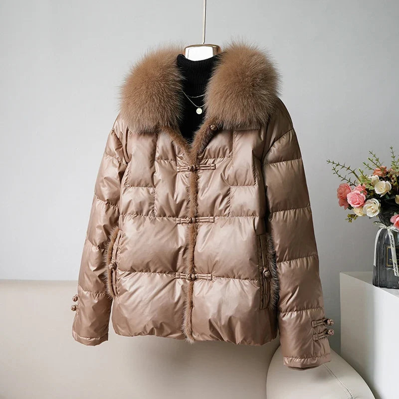 Women's White Duck down Jacket 2025 Winter Collection Real Faux Fur Collar Hair Puffer Coat Vintage Street wear
