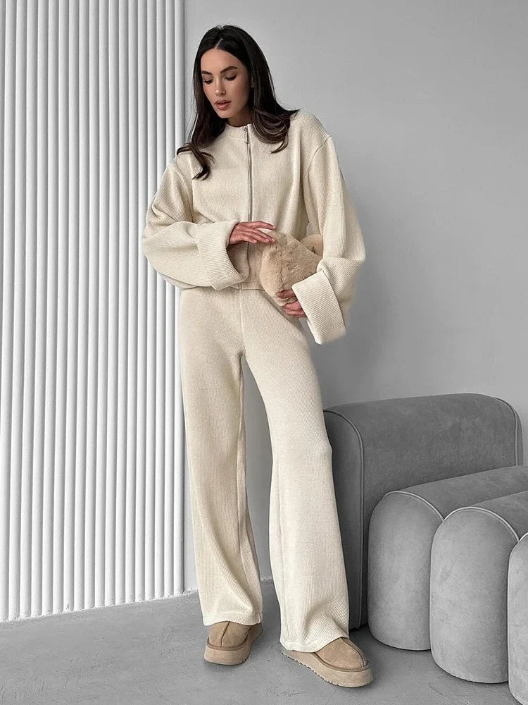 Women's Zip up Jacket And Wide Leg Pants Set Soft Knit Loose Long Sleeve Autumn Winter Casual Sweater Outfit