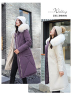 Women's Double-Sided Color Block Parka Winter Jacket with Big Fur Collar Hooded Zipper Pockets Long Sleeve Casual Overcoat