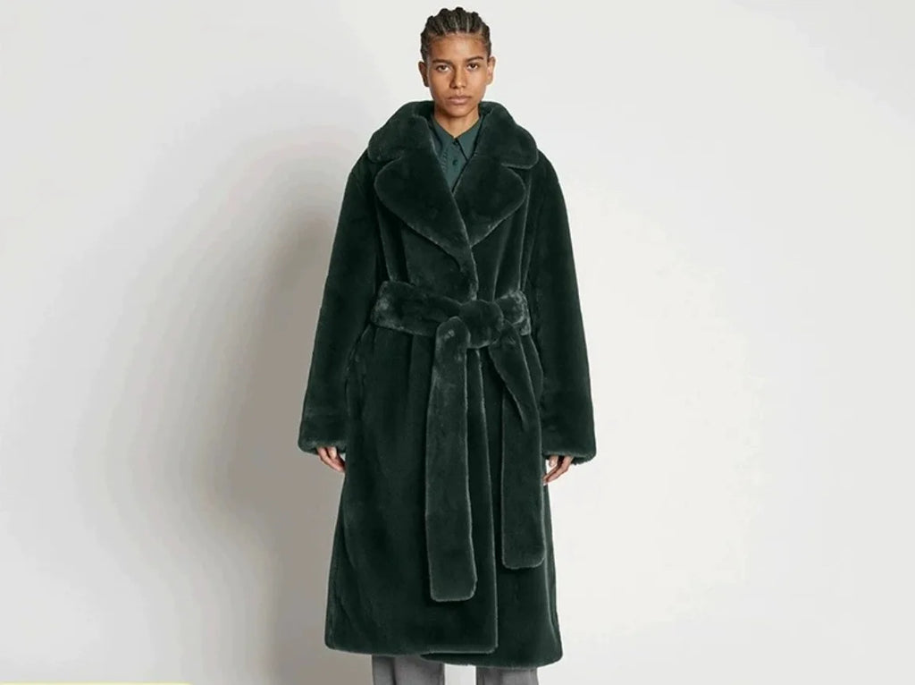 Luxury Lace Up Faux Fur Coat Women Chic Lapel Full Sleeve Fluffy Loose Warm Long Jacket Lady Winter Daily Highstreet Outerwears