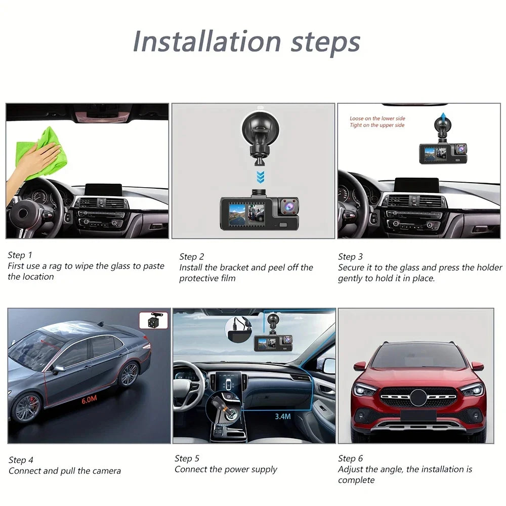 3 Lens Dash Cam 1080P Front, Rear & Interior Car Camera with WiFi & Night Vision
