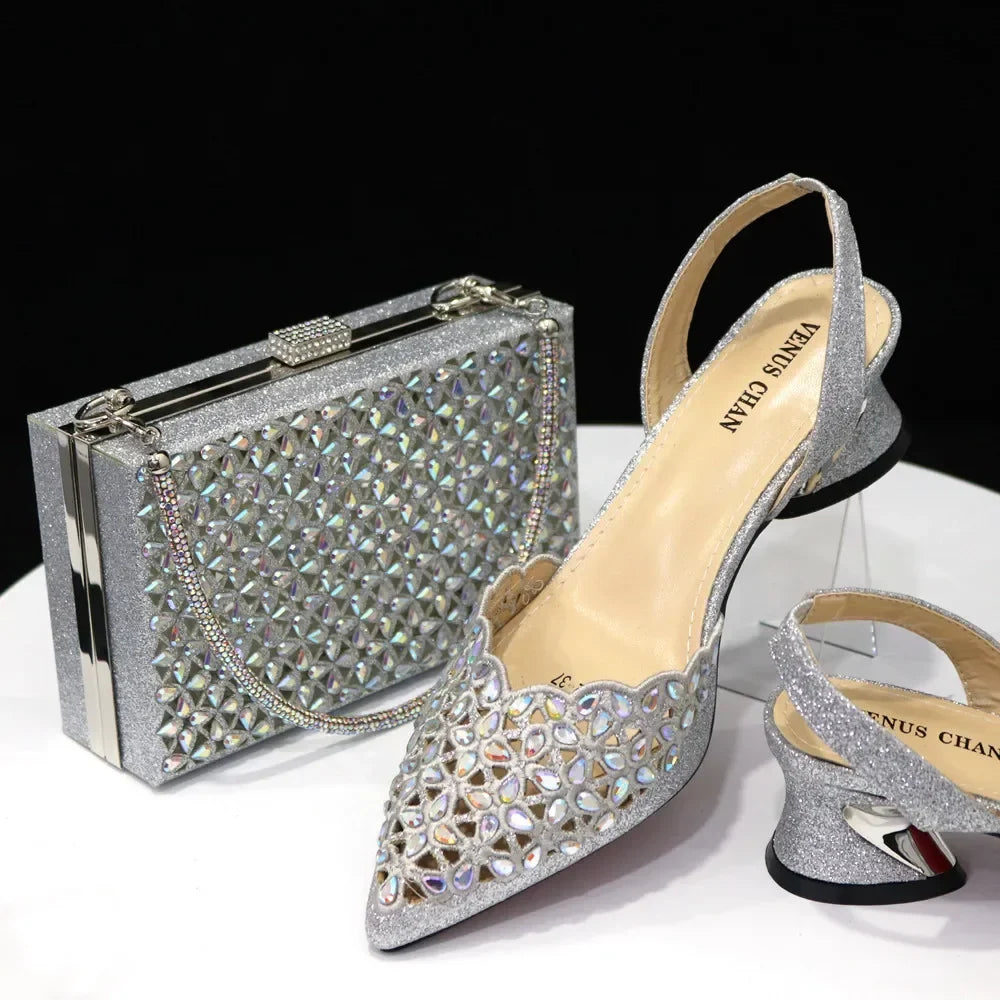 Women's Hollowed Out Embroidery Rhinestone Italian Design Shoes and Bags Set