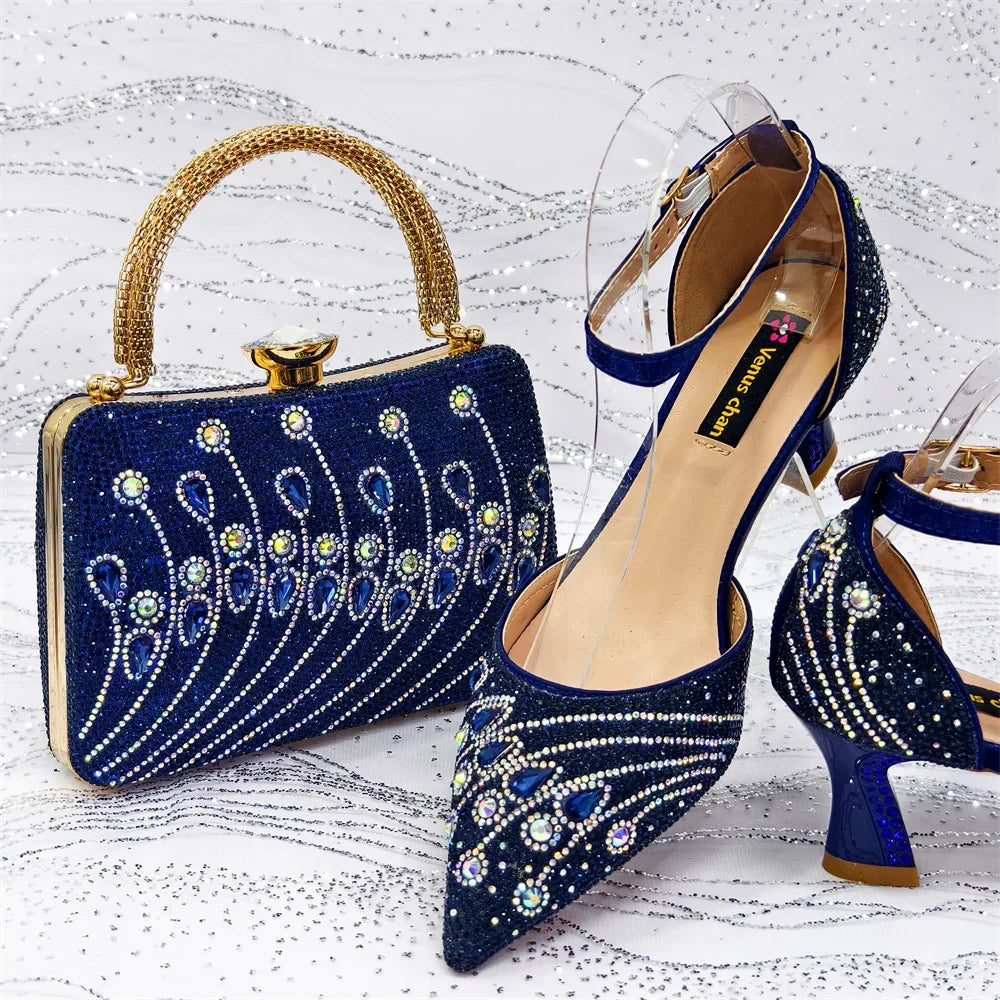 Women's Elegant Rhinestone Pointed Toe Pumps With Matching Shoes And Bag Set