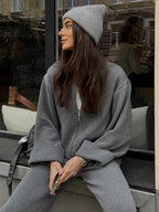 Women's Zip up Jacket And Wide Leg Pants Set Soft Knit Loose Long Sleeve Autumn Winter Casual Sweater Outfit