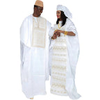 African Dresses For Couples Traditional  Bazin Embroidery Dresses Floor Length With Scarf