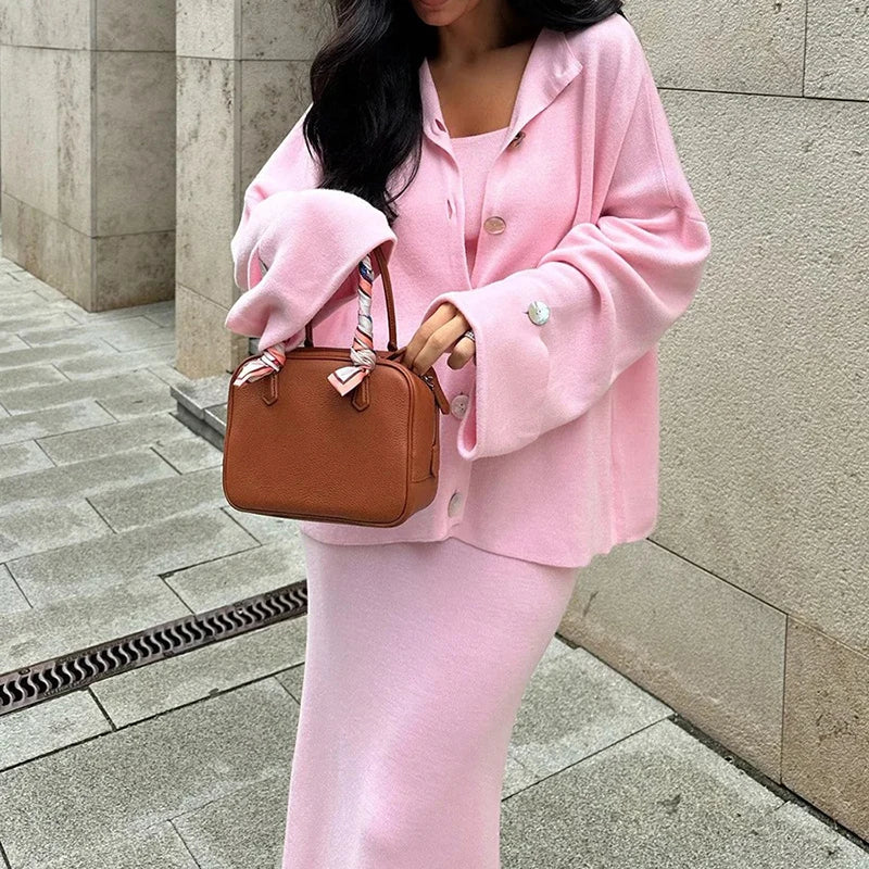 Women's Fashion Three Piece Set Solid Knitted Vest Long Sleeve Single Breasted Coat Chic Maxi Skirt Outfit Winter Casual Dress
