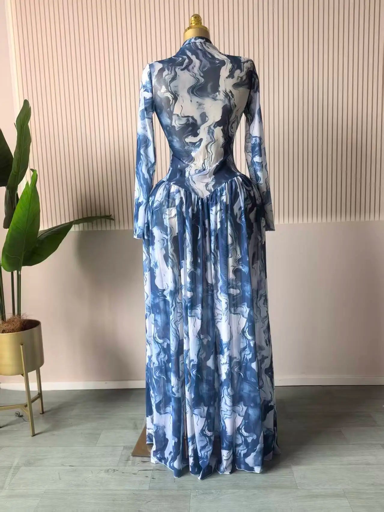 Women leaf Print patchwork smock Midi A-line Long Maxi Elegant Evening Dresses