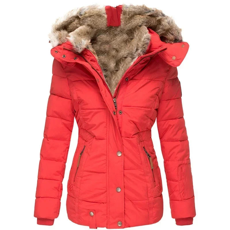 Winter Warm Wool Collar Cotton Coat Womens Zipper Long Sleeve Slim Fit Hooded