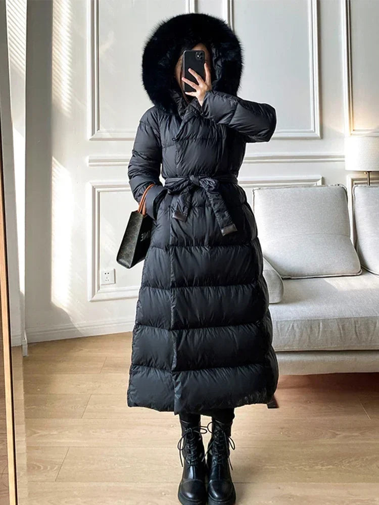 Winter Women's Ultra Light Warm Faux Fur Parka with Hooded Long Duck down Jacket White with Fur Collar Casual Snow Coat