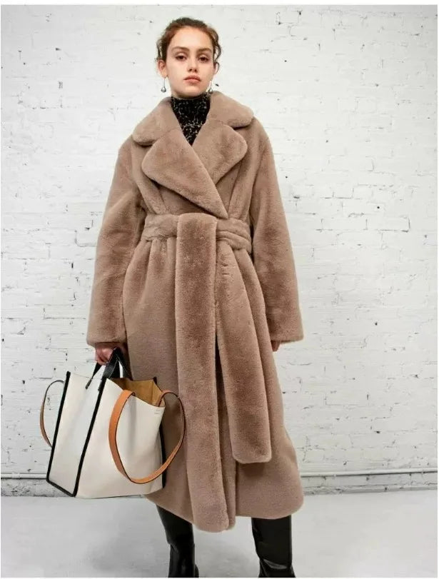 Luxury Lace Up Faux Fur Coat Women Chic Lapel Full Sleeve Fluffy Loose Warm Long Jacket Lady Winter Daily Highstreet Outerwears