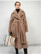 Luxury Lace Up Faux Fur Coat Women Chic Lapel Full Sleeve Fluffy Loose Warm Long Jacket Lady Winter Daily Highstreet Outerwears