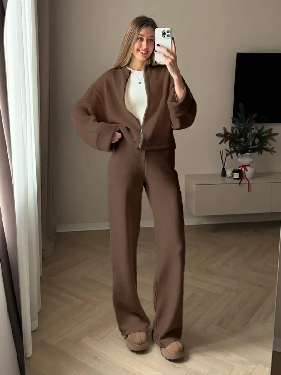 Women's Zip up Jacket And Wide Leg Pants Set Soft Knit Loose Long Sleeve Autumn Winter Casual Sweater Outfit