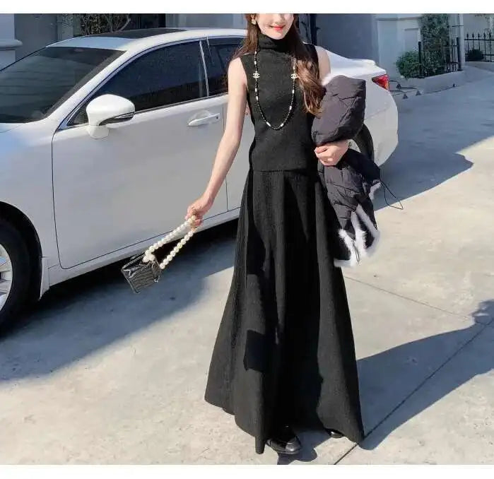 Elegant Knitted 3 Piece Set Women Long Cardigan Coat Sleeveless Vest High Waist A-line Long Skirt