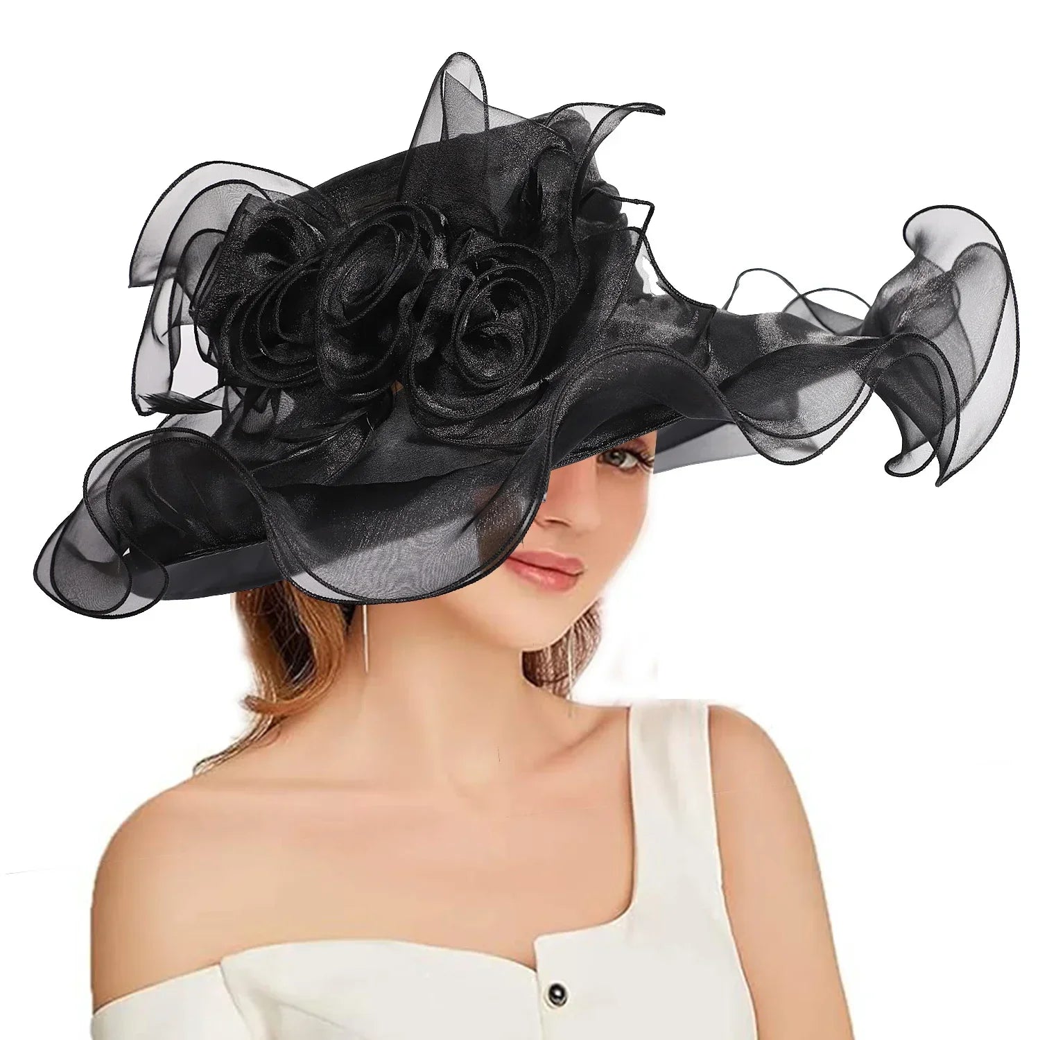 Women's Fascinators Organza Sun Hats Wide Brim Wedding Bride Tea Party Church