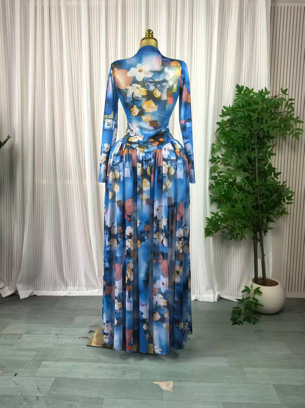 Women leaf Print patchwork smock Midi A-line Long Maxi Elegant Evening Dresses