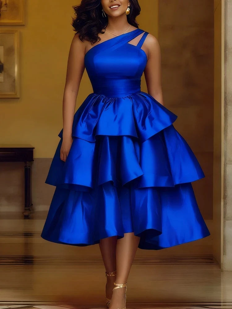 Women's Elegant One-Shoulder Ruffle Layered Party Dress Shiny Mid-Calf Gown for Christmas Birthday Wedding Guest Events