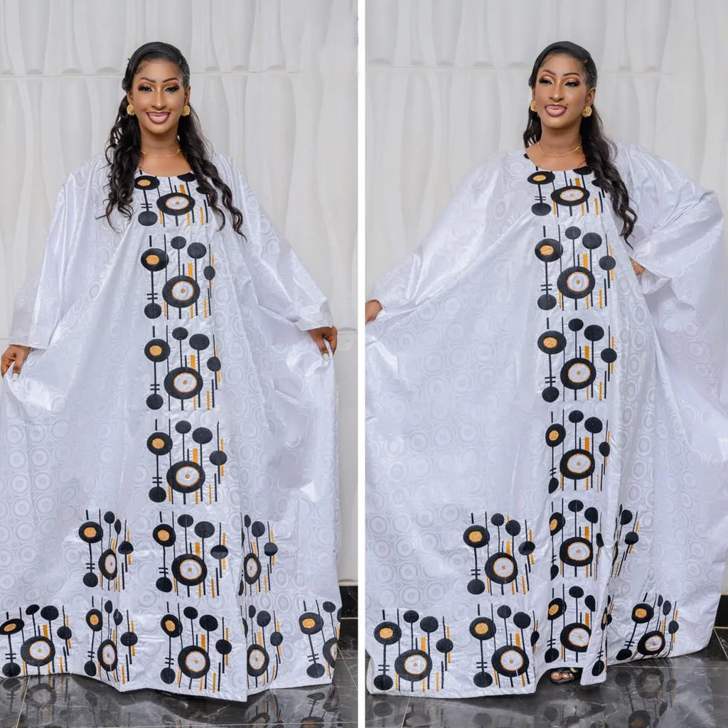 African Dresses For Women Bazin Rich Embroidery Design Floor Length With Scarf