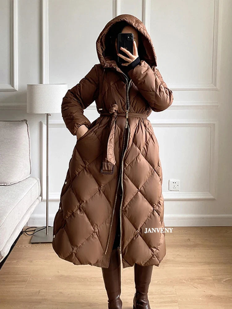 Women's Thickened Warm Hooded Puffer Jacket Winter Duck down Coat Fluffy Long Belted Zipper Closure Casual Style