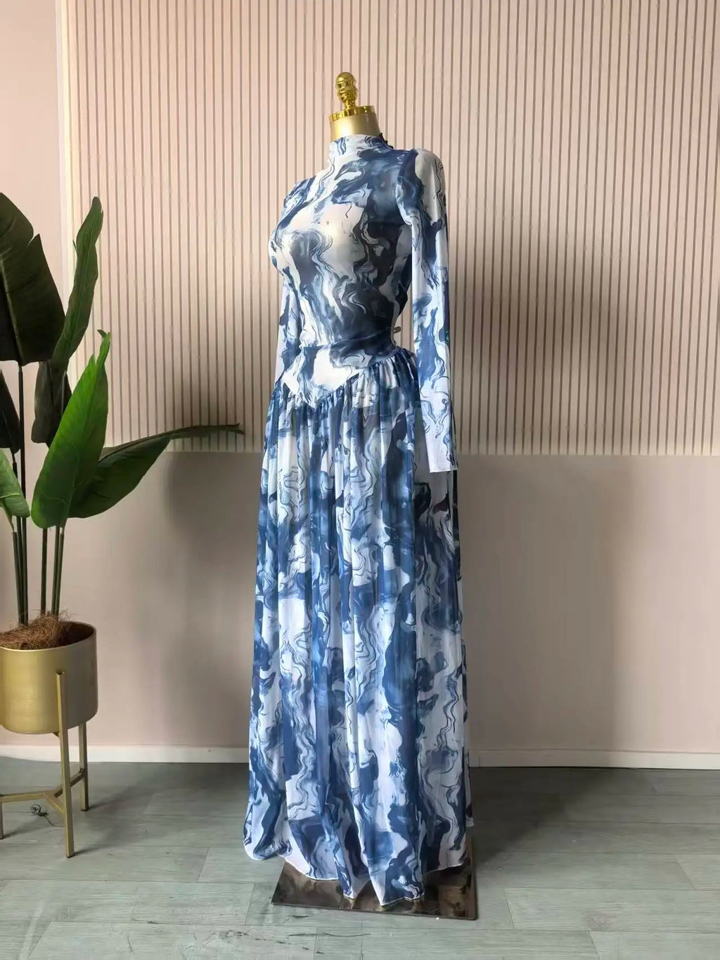 Women leaf Print patchwork smock Midi A-line Long Maxi Elegant Evening Dresses