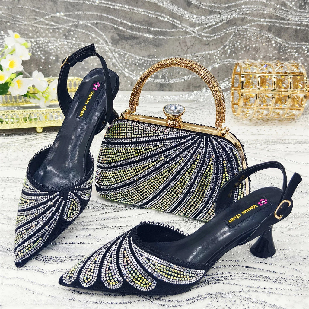 Women's Italian Diamond Studded Shoes and Bag Matching Set