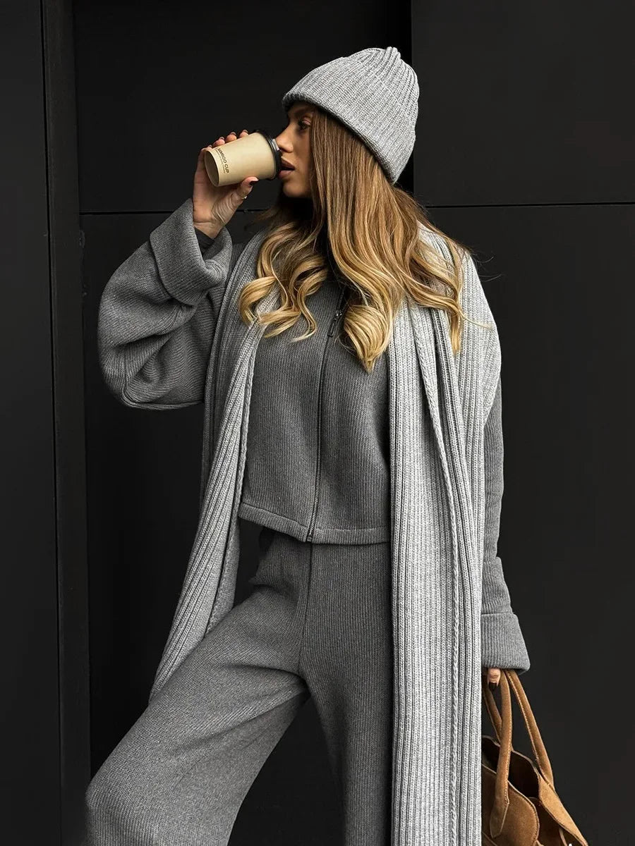 Women's Zip up Jacket And Wide Leg Pants Set Soft Knit Loose Long Sleeve Autumn Winter Casual Sweater Outfit